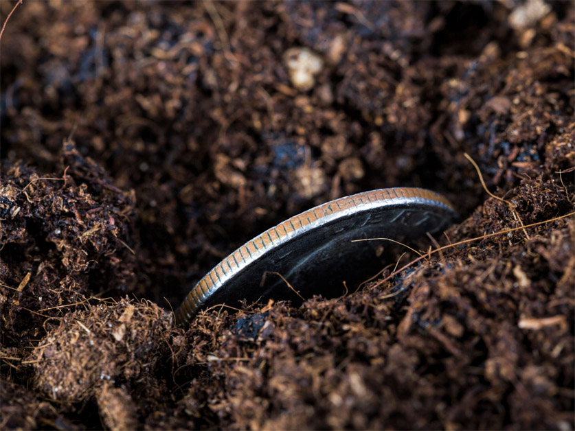 American coin half-buried in soil